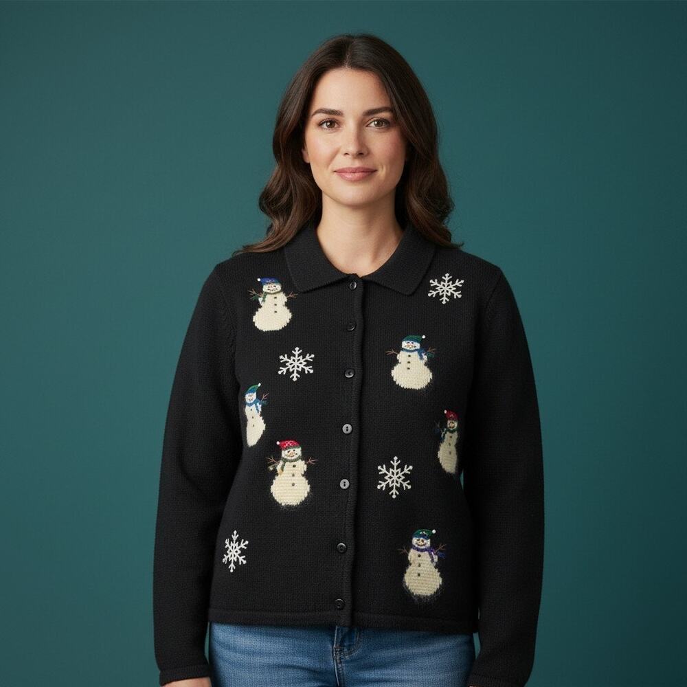 VTG Crystal-Kole Women's XL Black Snowman Knit Button-Front Cardigan Sweater